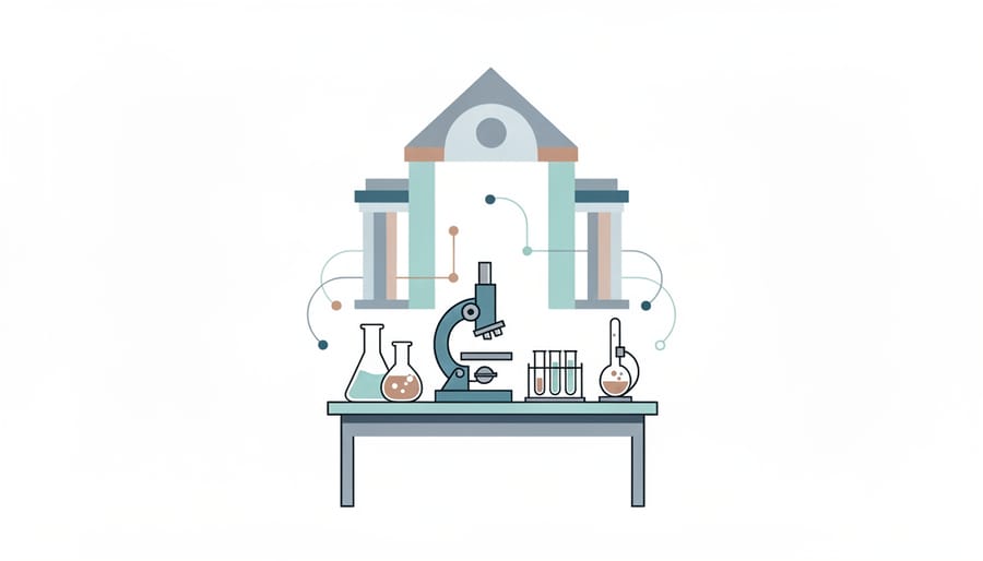 Chemistry lab workspace with glassware and sample tubes on a stainless bench