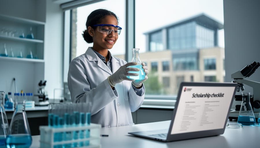 “International graduate student in a Canadian science laboratory holding a beaker with scholarship-related materials on a laptop in the background.”