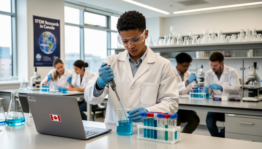 International student holding a beaker in a Canadian university science laboratory