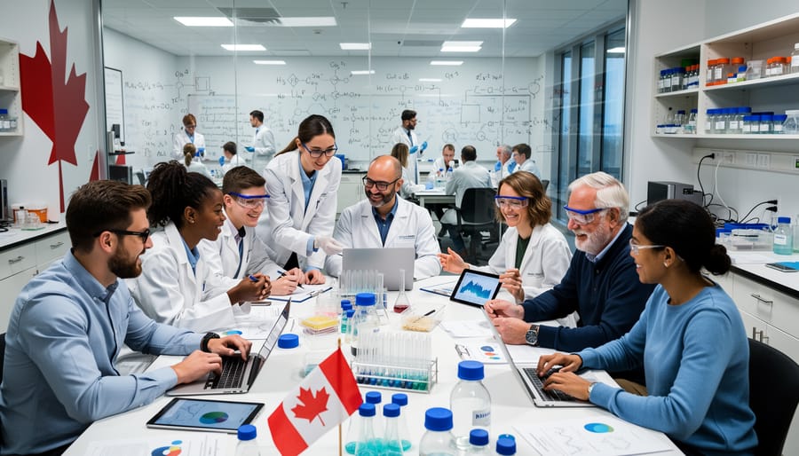 Group of researchers conversing in a university lab hallway with an open lab door