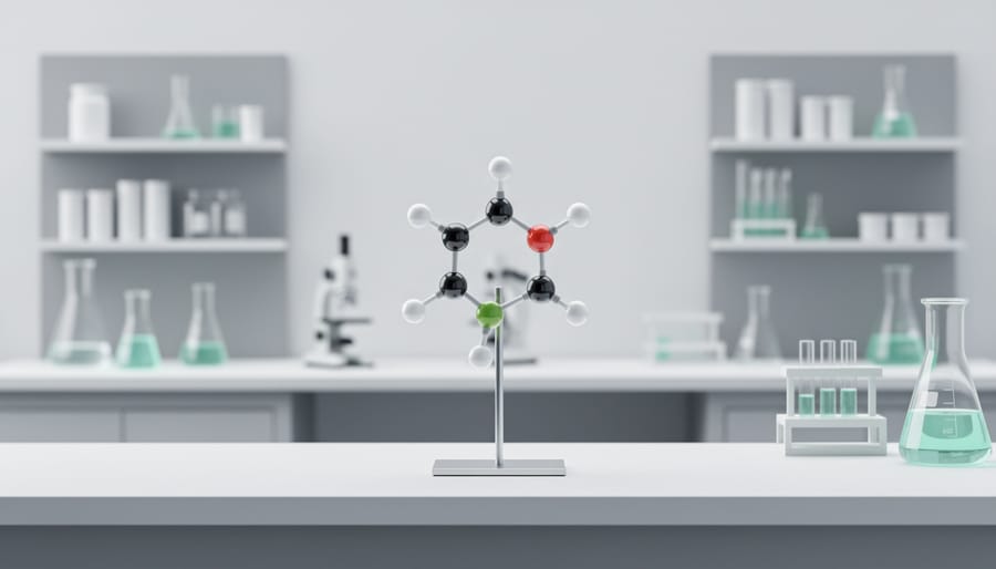 3D molecular model resembling CBD on a dark laboratory bench under soft studio lighting