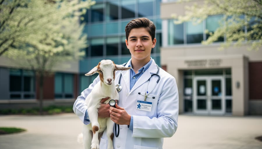 Canadian veterinary student in a lab coat holding a goat with a stethoscope in a campus setting, symbolizing funding opportunities for DVM education.