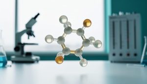 Close-up of a translucent CBD molecular structure model floating above a laboratory bench with blurred scientific equipment in the background.