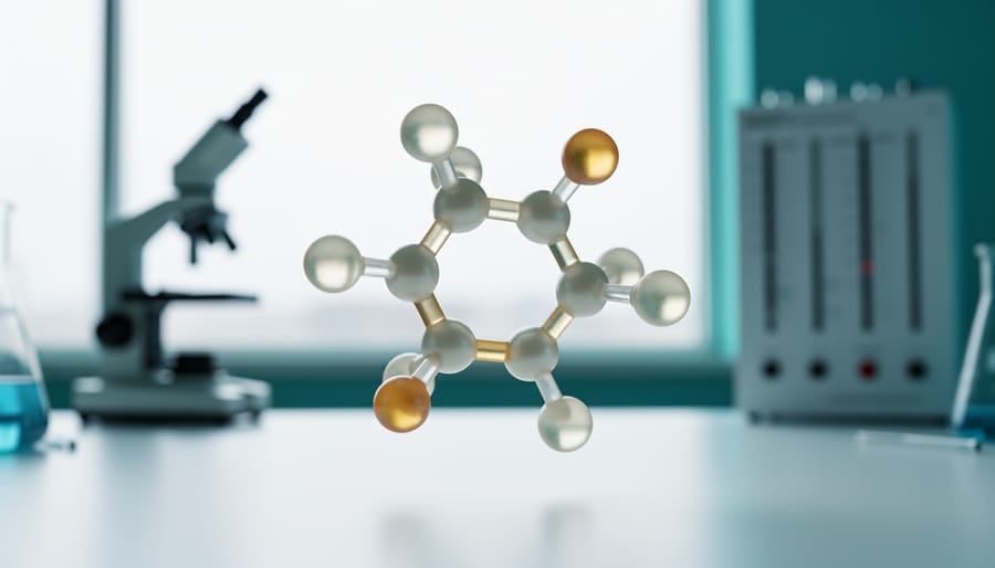 Close-up of a translucent CBD molecular structure model floating above a laboratory bench with blurred scientific equipment in the background.