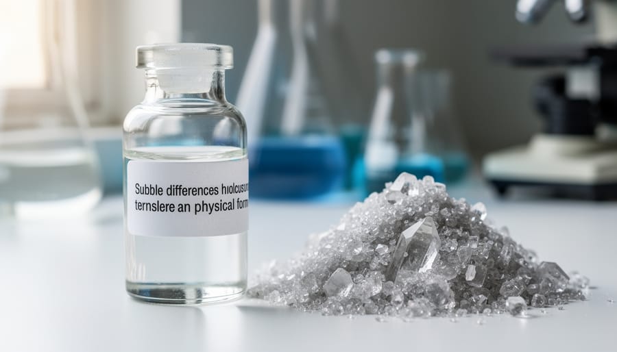 Gloved hands holding a vial of cannabinoid extract next to crystalline material in a laboratory