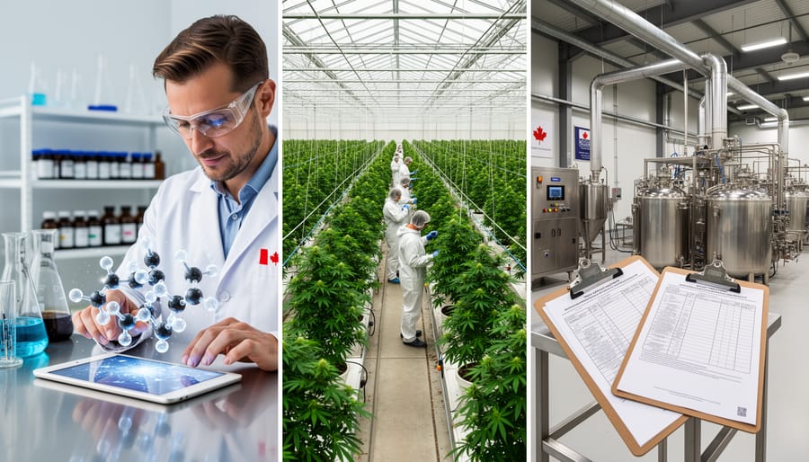 Greenhouse with healthy cannabis plants in the foreground and a clean manufacturing facility in the background at dusk