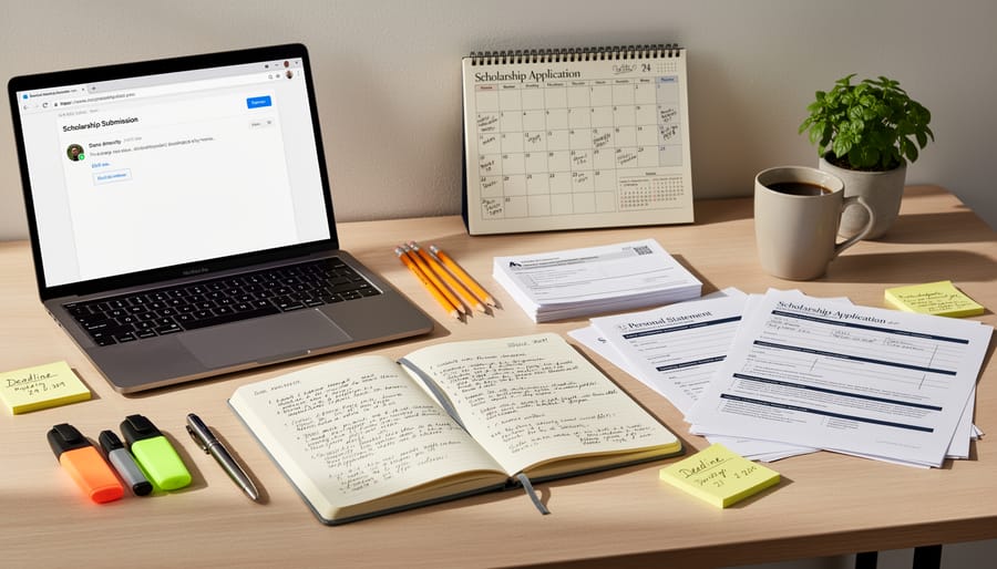 Pen and blank application materials arranged neatly on a study desk for scholarship preparation.