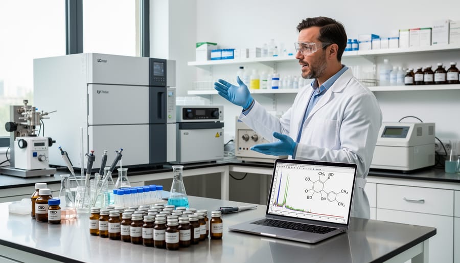 Researcher in a modern analytical laboratory working beside scientific instruments without visible text