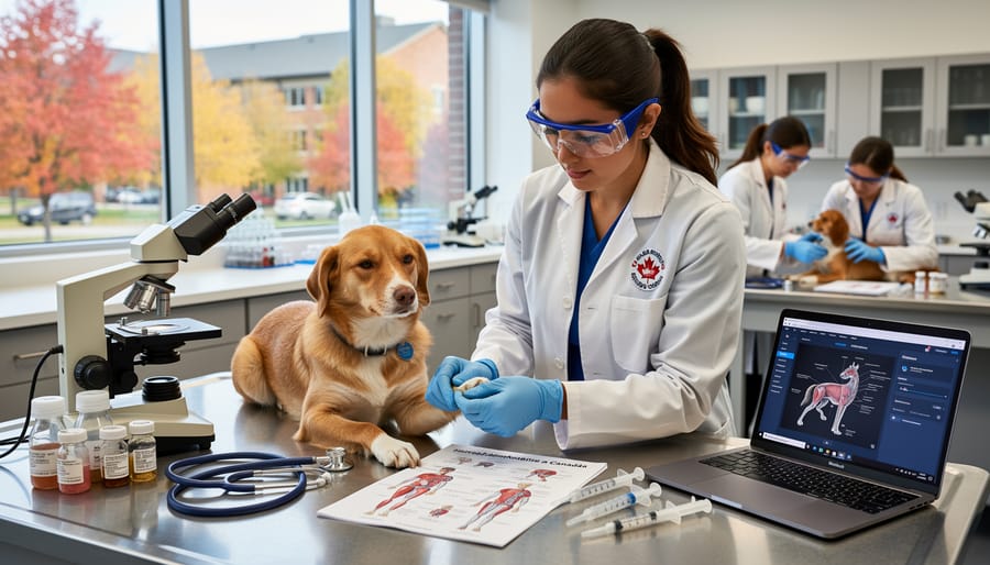 Veterinary student in a lab coat carefully holding a small animal while working in a university science lab.