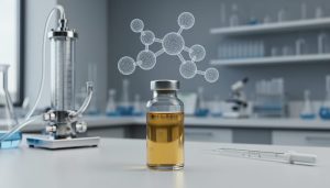 Close-up of a lab vial containing pale amber CBD oil with chromatography equipment in the background, accompanied by subtle molecular wireframe visual elements.