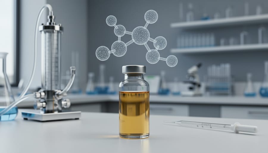 Close-up of a lab vial containing pale amber CBD oil with chromatography equipment in the background, accompanied by subtle molecular wireframe visual elements.