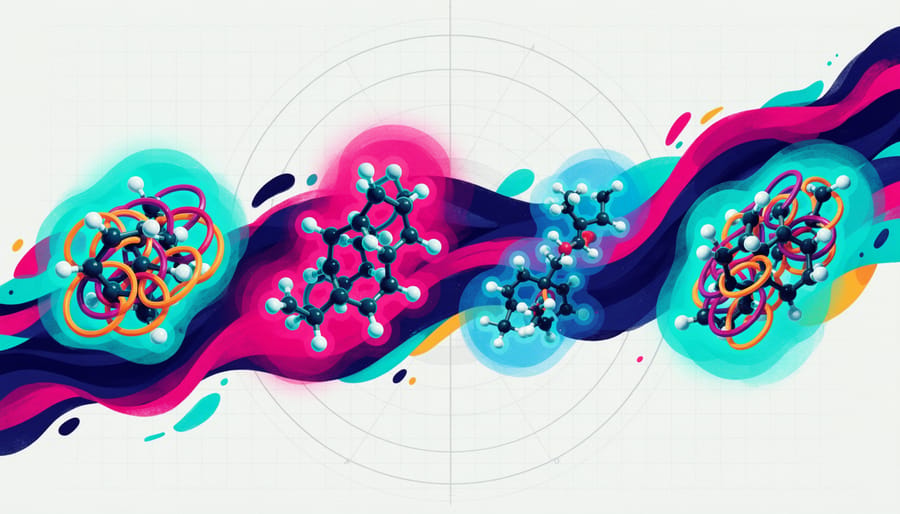 Collection of four laboratory vials with subtly different liquid colors arranged in an arc on a dark surface