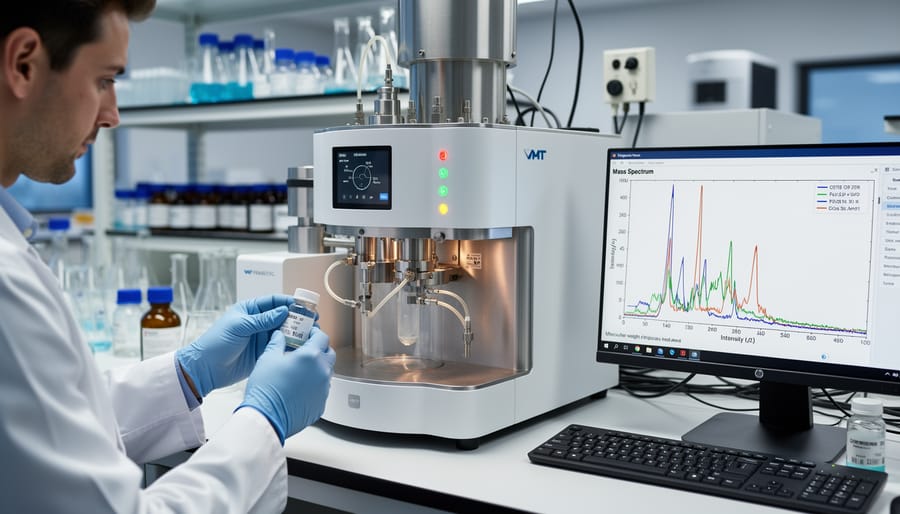 Scientist loading a sample into a mass spectrometer in a clean laboratory